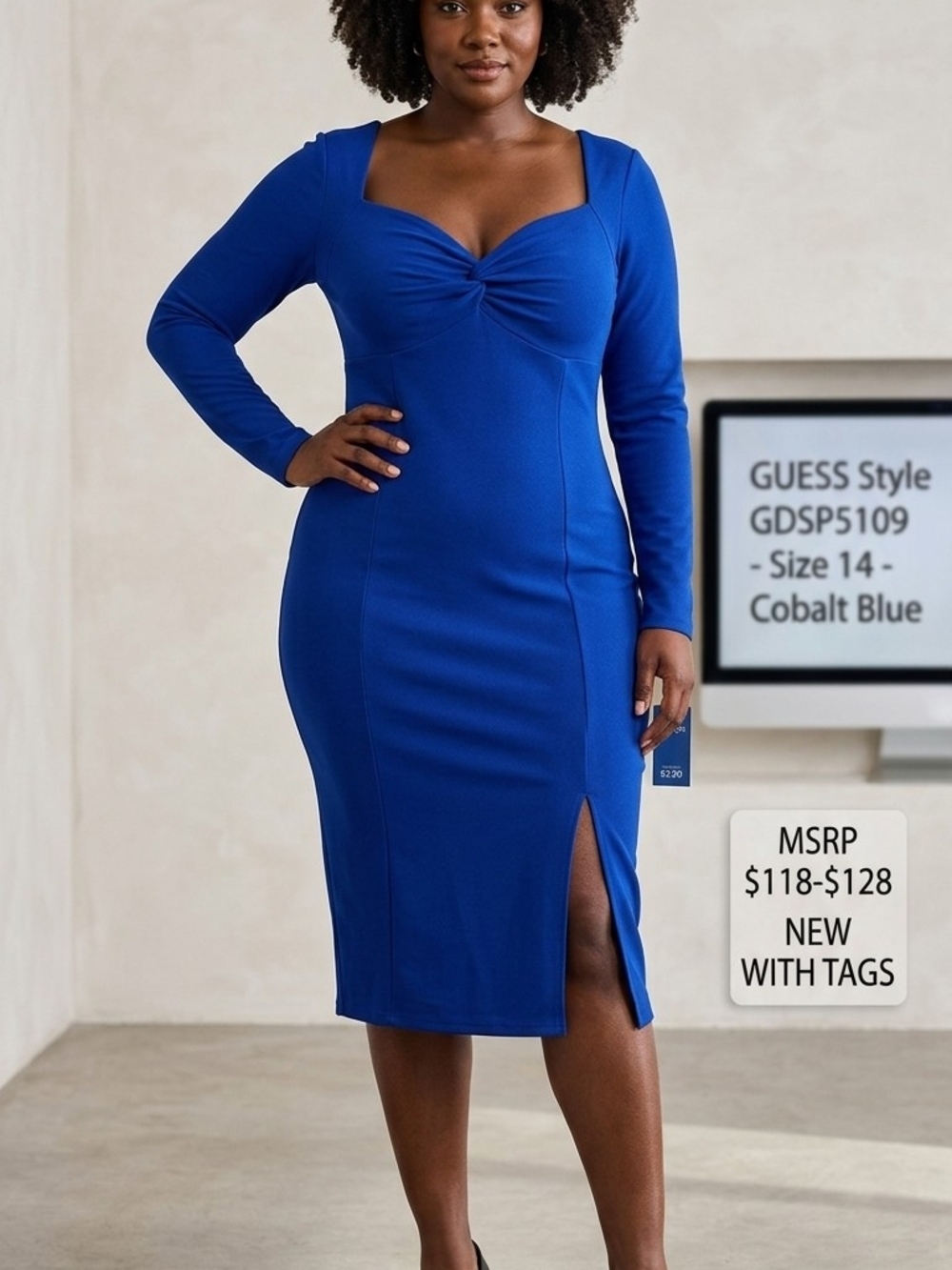 💙 💙 💙 💙 Guess Cobalt Blue Long Sleeve Twist-Front Midi Dress